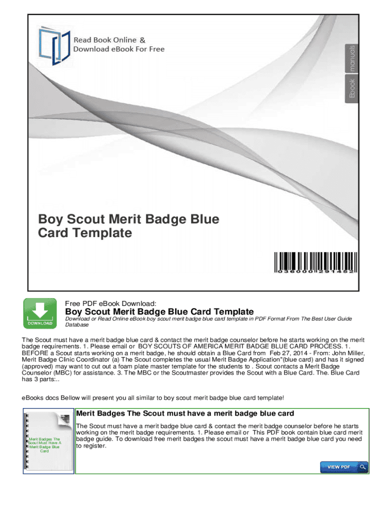 Boy Scouts of America Merit Badge Blue Card Template - Blank Fillable ...