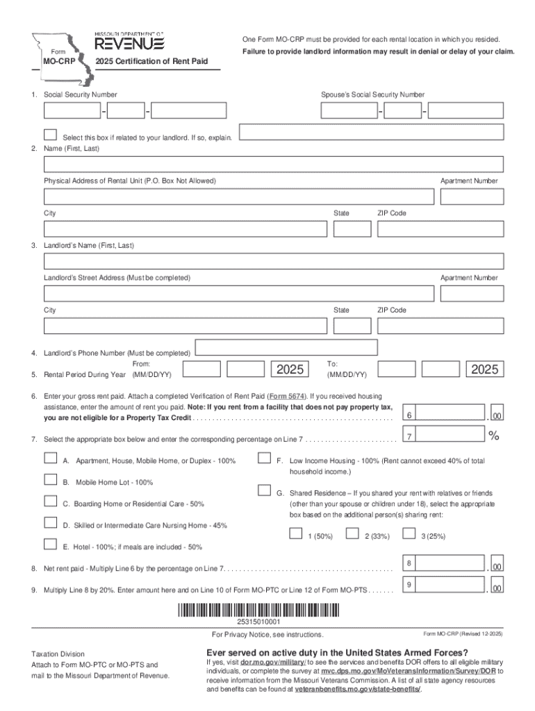 Form MO-CRP - 2025 Certification of Rent Paid Preview on Page 1