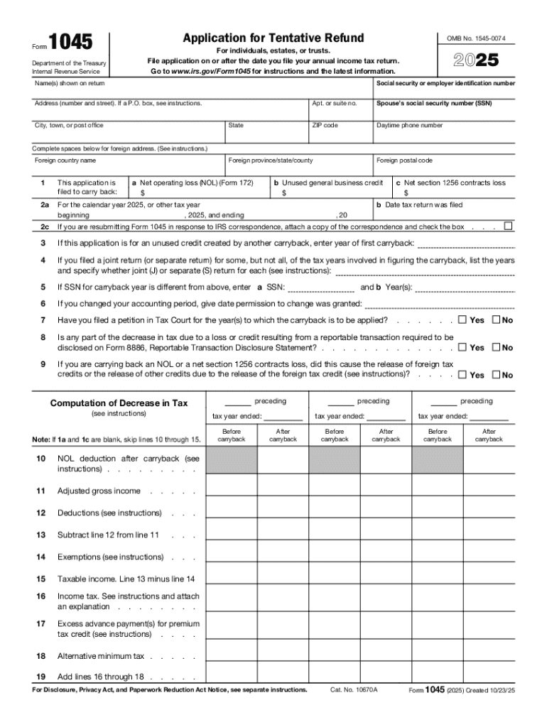 Form 1045 Application for Tentative Refund - Valur Library Preview on Page 1