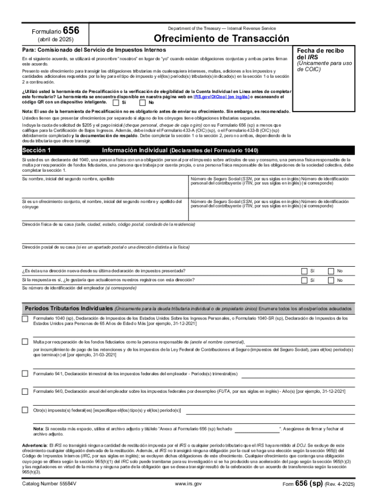 Form 656 (sp) (Rev 4-2025) Offer in Compromise (Spanish Version) Preview on Page 1