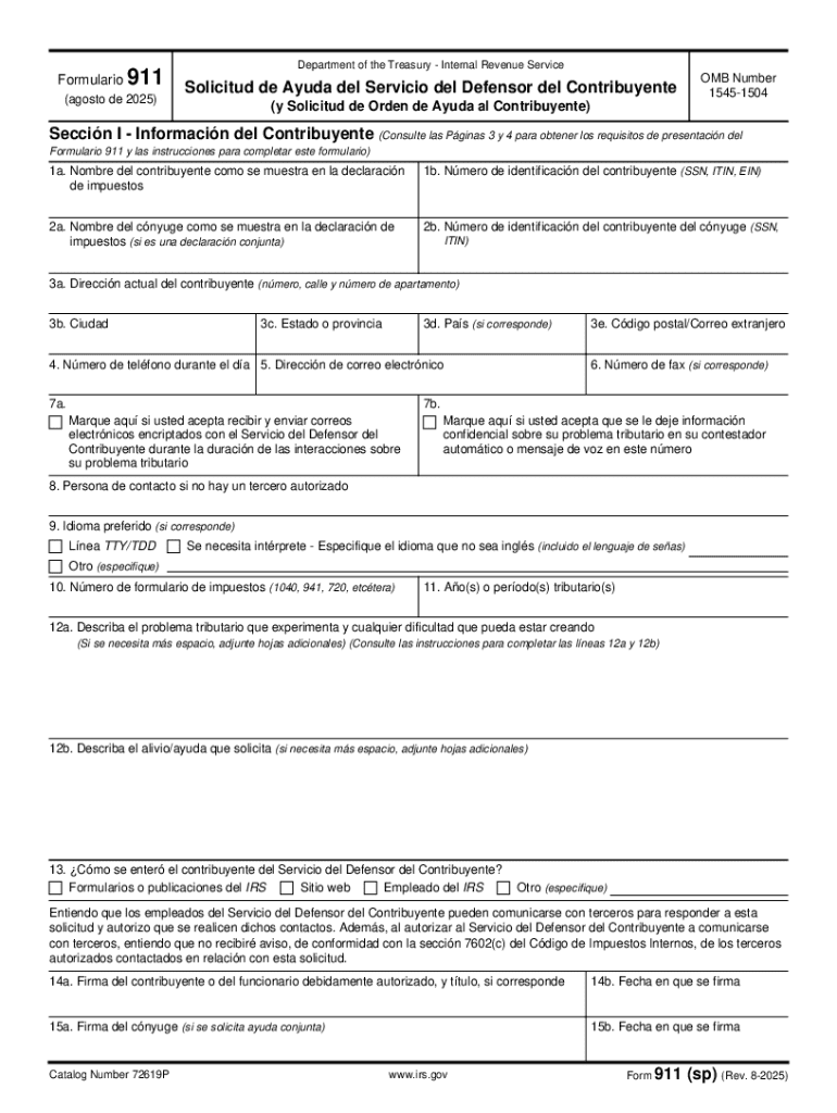 Form 911 (sp) (Rev 8-2025) Request for Taxpayer Advocate Service Assistance (and Application for Tax Preview on Page 1
