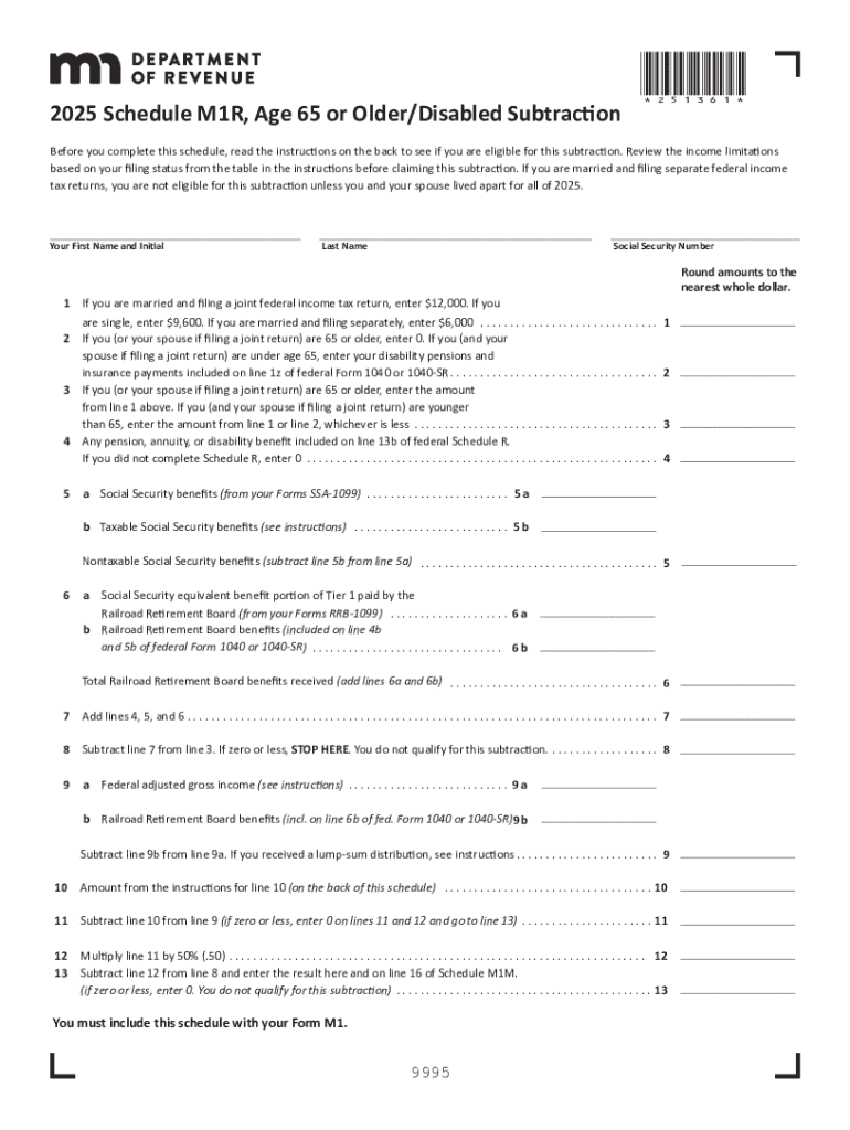 2025 M1R, Age 65 or Older Disabled Subtraction 2025 M1R, Age 65 or Older Disabled Subtraction Preview on Page 1
