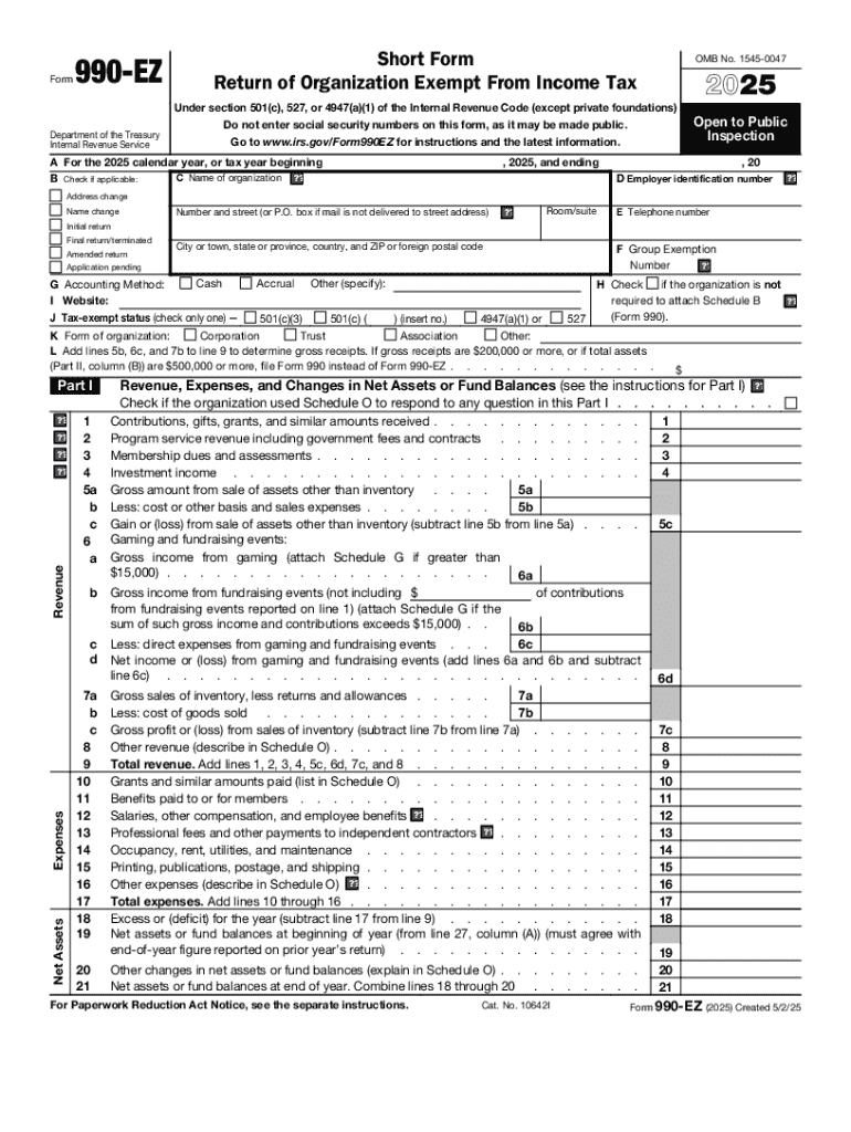 2025 Form 990-EZ Short Form Return of Organization Exempt From Income Tax Preview on Page 1