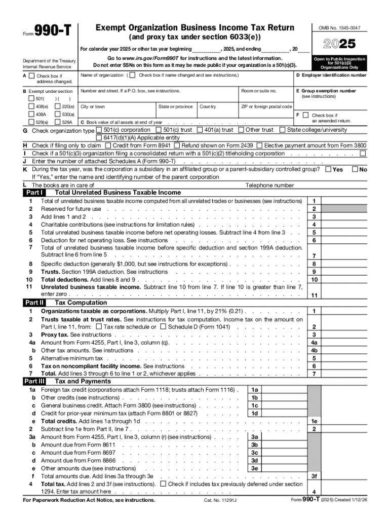 2025 Form 990-T Exempt Organization Business Income Tax Return (and proxy tax under section 6033(e)) Preview on Page 1