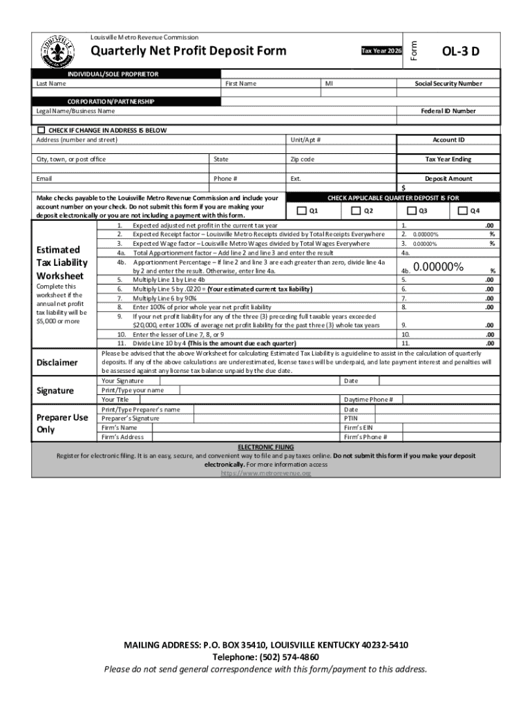 Louisville Metro Quarterly Net Profit Deposit Form Preview on Page 1