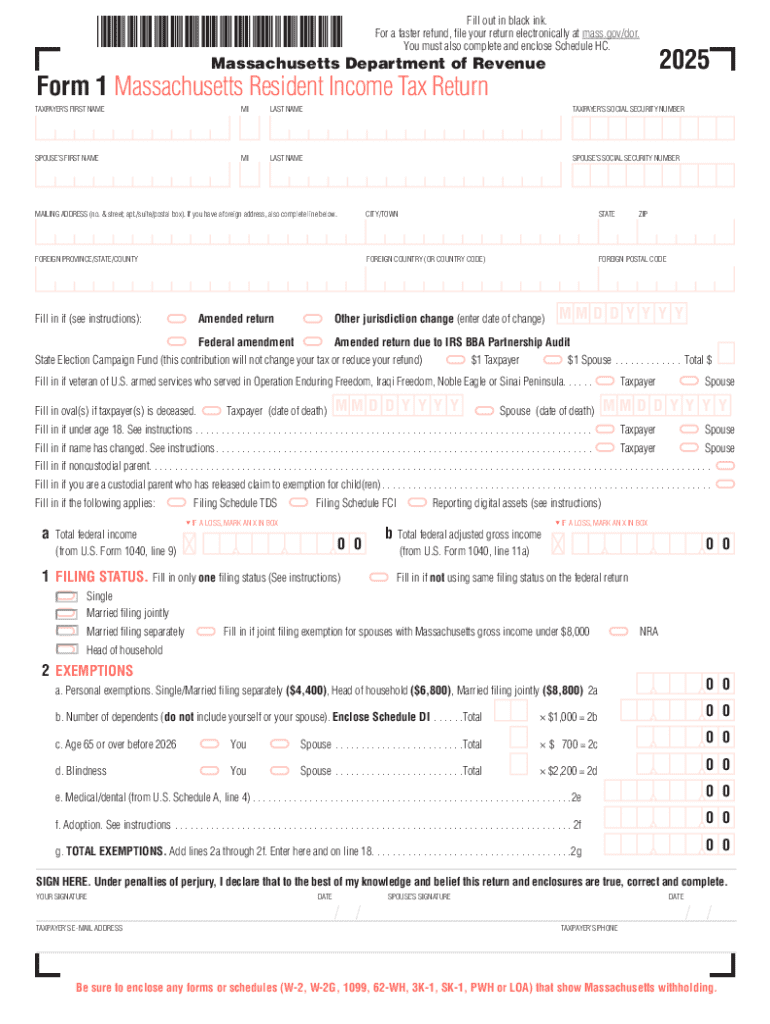 2025 Massachusetts Form 1 Personal Income Tax Return Preview on Page 1