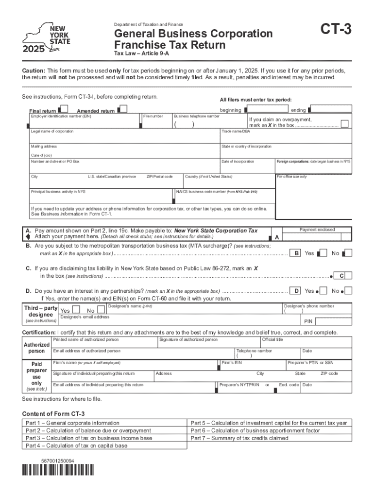 Form CT-3 General Business Corporation Franchise Tax Return Tax Year 2025 Preview on Page 1