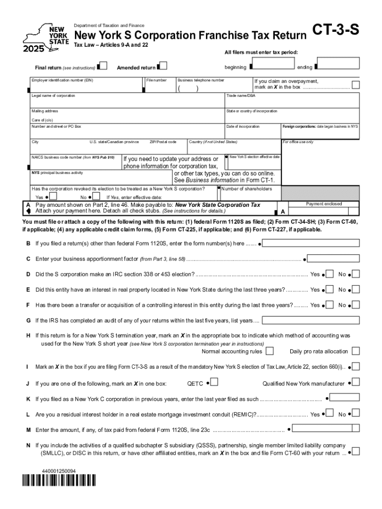 Form CT-3-S New York S Corporation Franchise Tax Return Tax Year 2025 Preview on Page 1