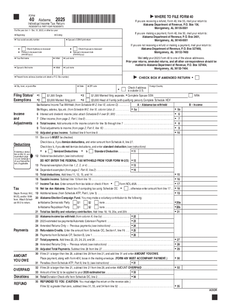 Alabama Individual Income Tax Return Form 40 (PRINT Preview on Page 1