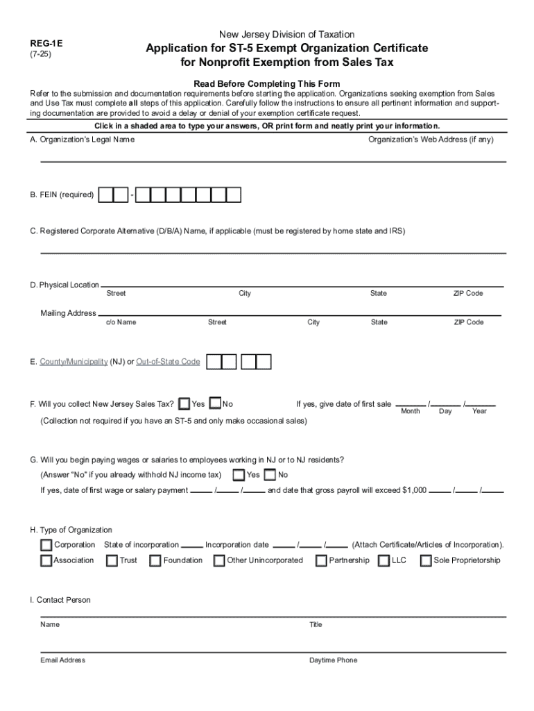 Form REG-1E Application for ST-5 Exempt Organization Certificate for Nonprofit Exemption from Sales  Preview on Page 1