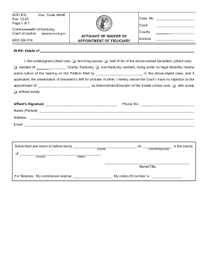 Kentucky Affidavit of Waiver of Fiduciary Appointment