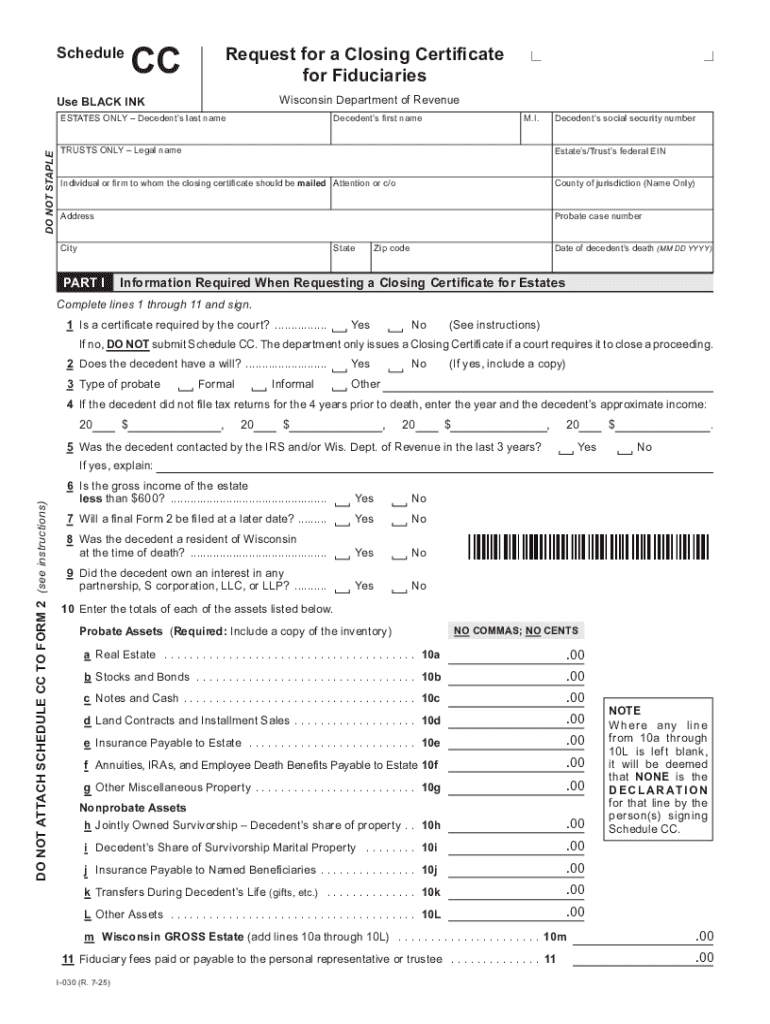 2025 I-030 Wisconsin Schedule CC, Request for a Closing Certificate for Fiduciaries Preview on Page 1