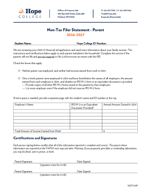 Non-Tax Filer Statement - Parent 2026-2027 - Hope College