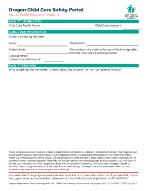 Oregon Child Care Safety Portal Facility Public Response Form
