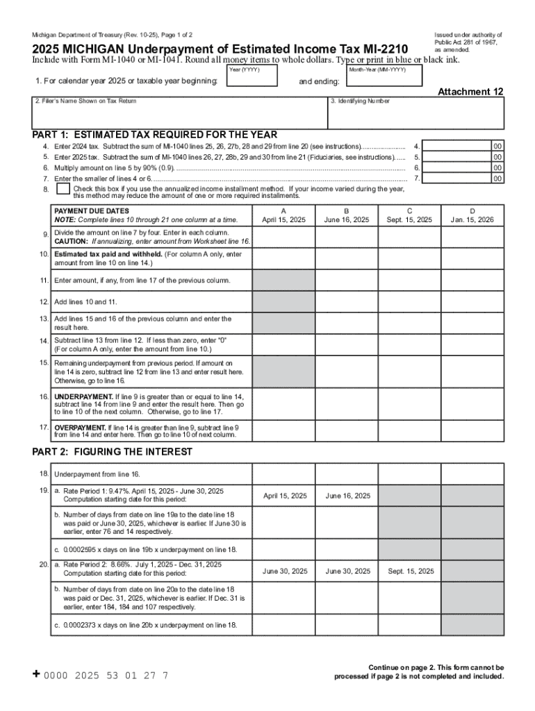 MI-2210, 2025 Michigan Underpaymetn of Estimated Income Tax MI-2210 MI-2210, 2025 Michigan Underpaym Preview on Page 1