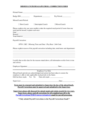 Missed Lunch Payroll Correction Form