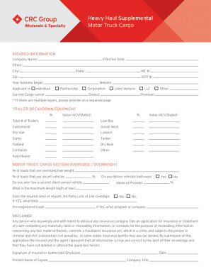 Heavy Haul Motor Truck Cargo Insurance Application