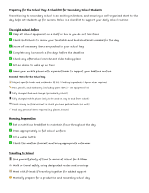 Secondary School Student Daily Checklist