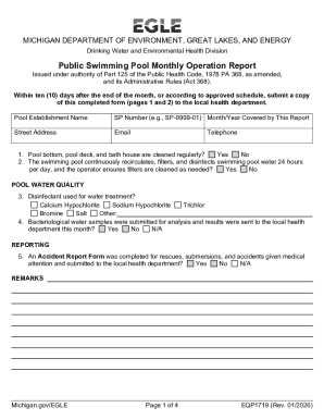 Michigan Public Swimming Pool Monthly Operation Report