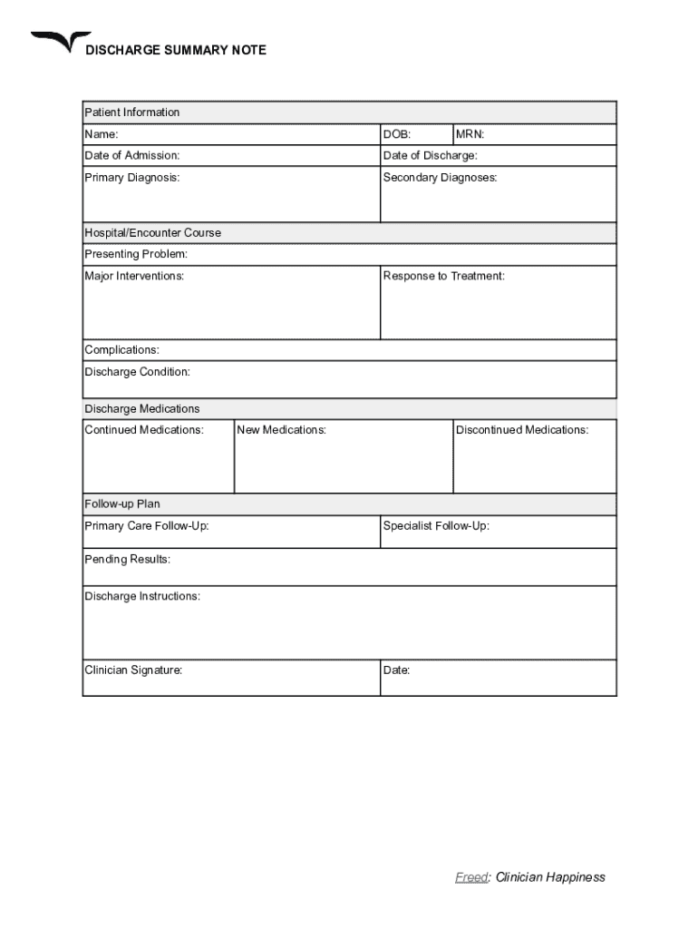 Discharge Summary Note - Blank Fillable Template | Fill Out, Print ...