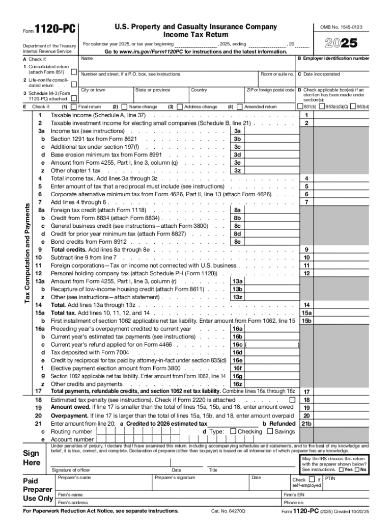 Instructions for Form 1120-PC, U S property and casualty Preview on Page 1