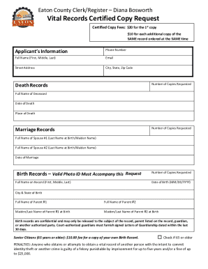 Vital Records Certified Copy Request