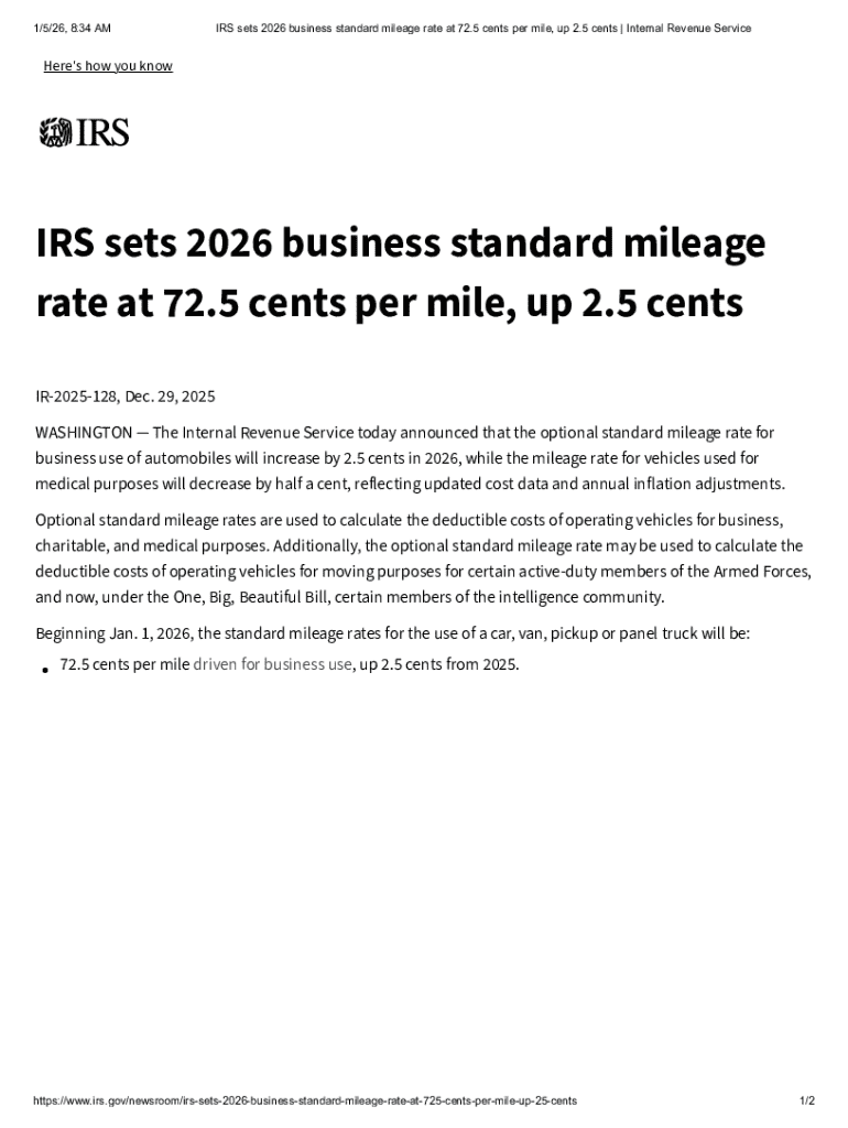 IRS 2026 Business Standard Mileage Rate - Blank Fillable Template ...