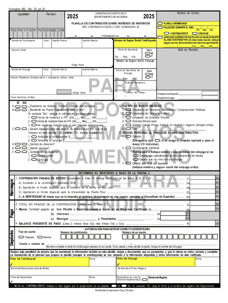 Form 482 for Puerto Rico Individual Income Tax Return Preview on Page 1