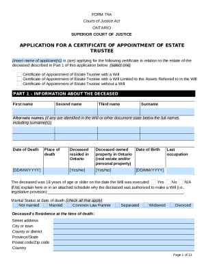 Ontario Estate Trustee Application Form 74A