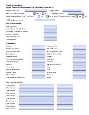 Schedule C Worksheet for Self Employed Businesses