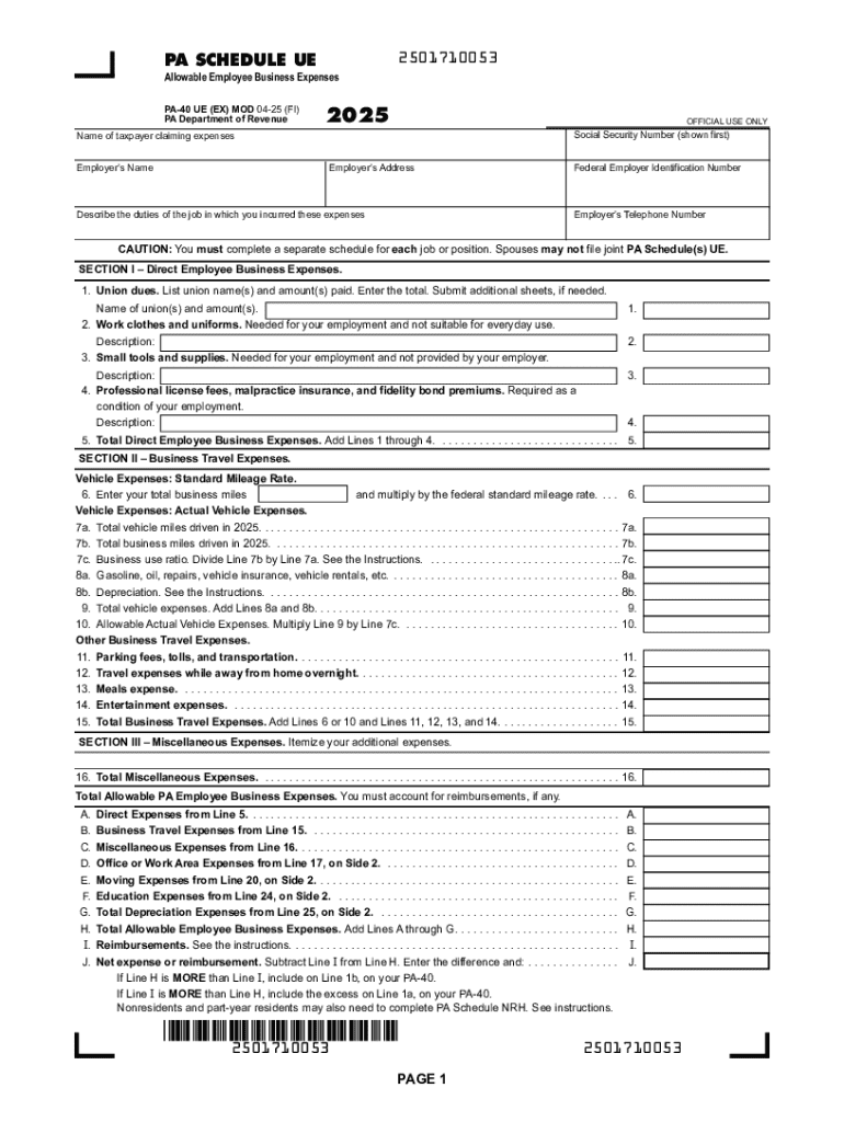 2025 PA Schedule UE - Allowable Employee Business Expenses (PA-40 UE) Forms Publications Preview on Page 1