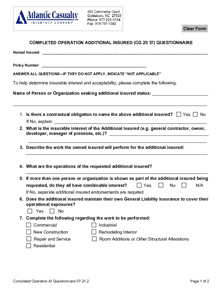 Extended Completed Operations Coverage Form.pdf Completed Operation Additional Insured Questionnaire - Blank Fillable ...
