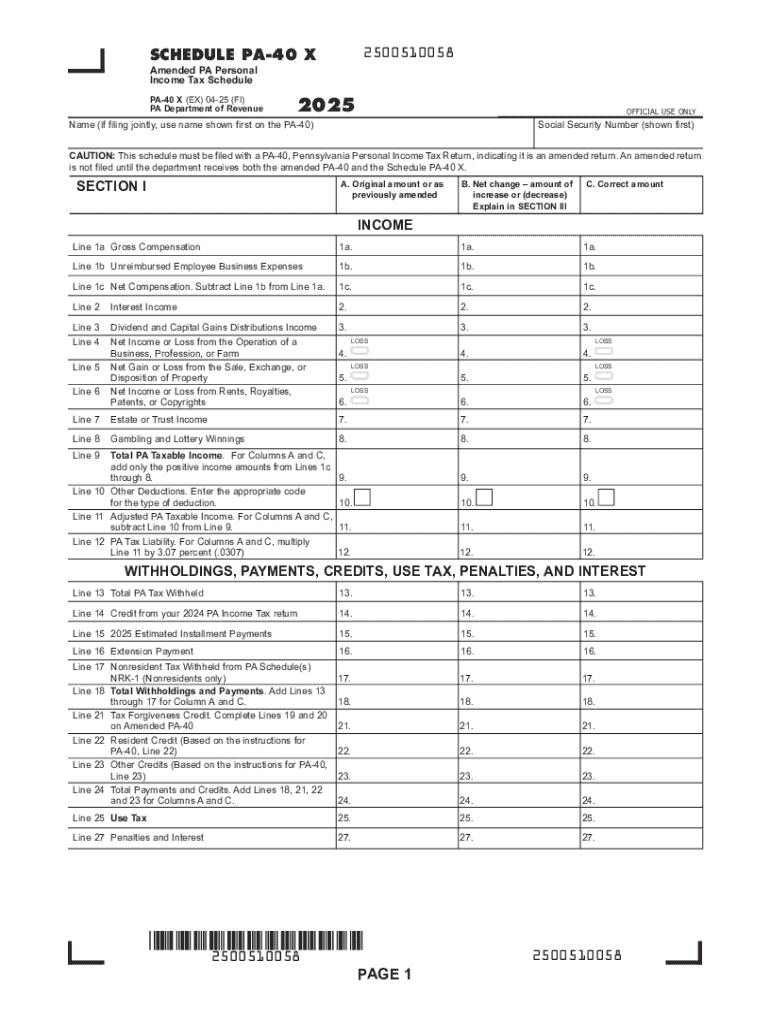 2025 Schedule PA-40 X - Amended PA Personal Income Tax Schedule (PA-40 X) Forms Publications Preview on Page 1