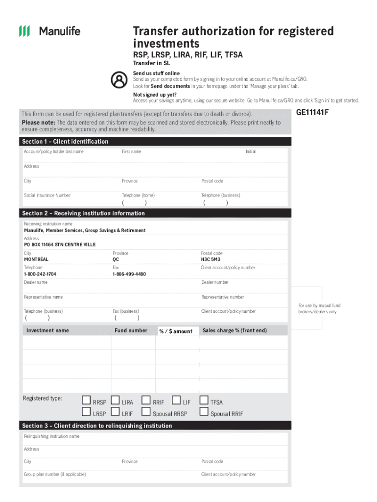 Manulife Registered Investment Transfer Form Preview on Page 1