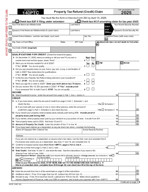 Arizona Form 140PTC Property Tax Refund Claim 2025