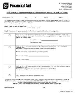 2026-2027 Orphan or Foster Care Status Confirmation Form