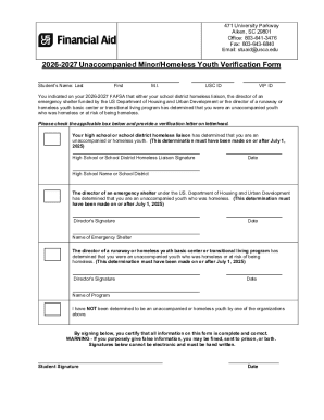 2026-2027 Unaccompanied Minor/Homeless Youth Verification Form
