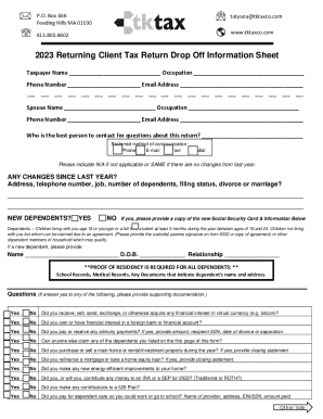 2023 Returning Client Tax Return Drop Off Information Sheet