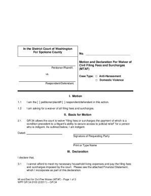 Motion and Declaration for Waiver of Civil Filing Fees