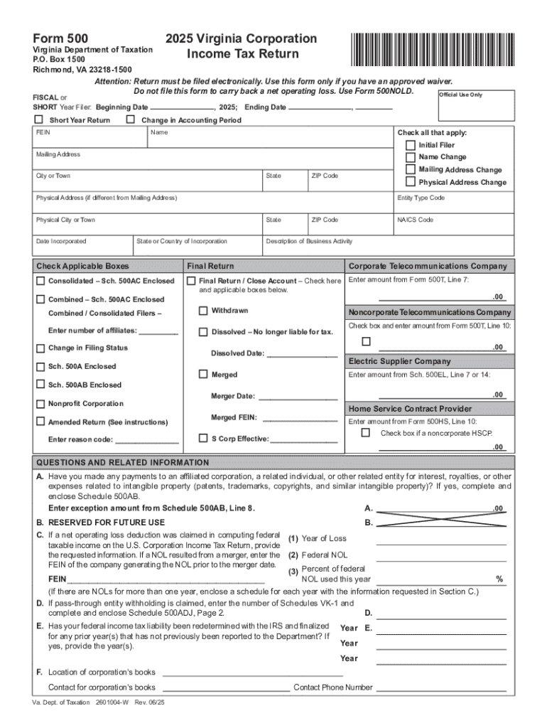 2025 Form 500 - Virginia Corporation Income Tax Return Preview on Page 1