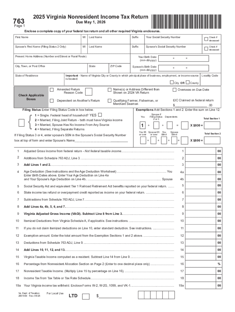2025 Form 763, Virginia Nonresident Income Tax Return Preview on Page 1