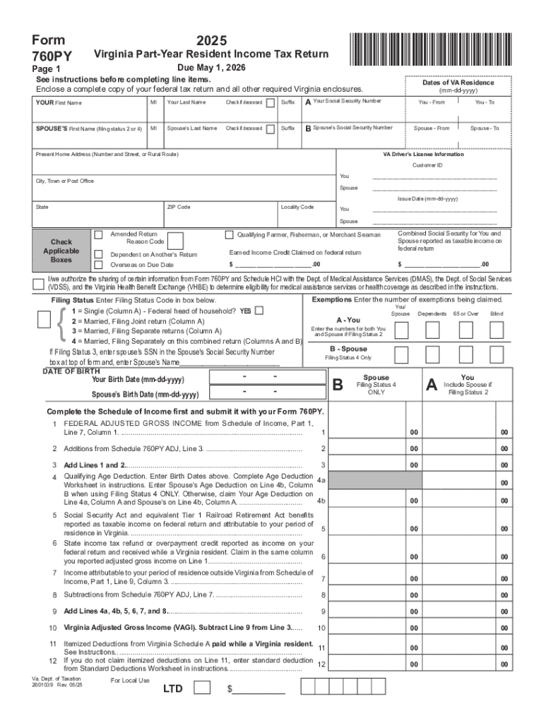 2025 Form 760PY - Virginia Part-Year Resident Income Tax Return Preview on Page 1