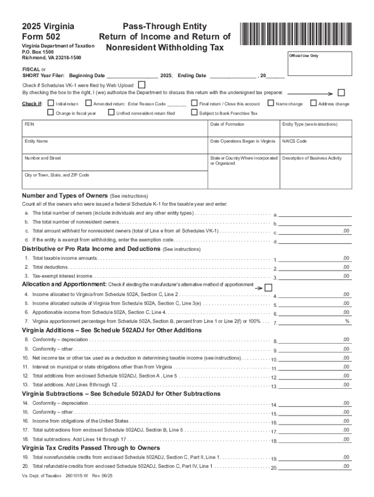 2025 Form 502 - Pass-Through Entity Return of Income and Return of Nonresident Withholding Tax Preview on Page 1