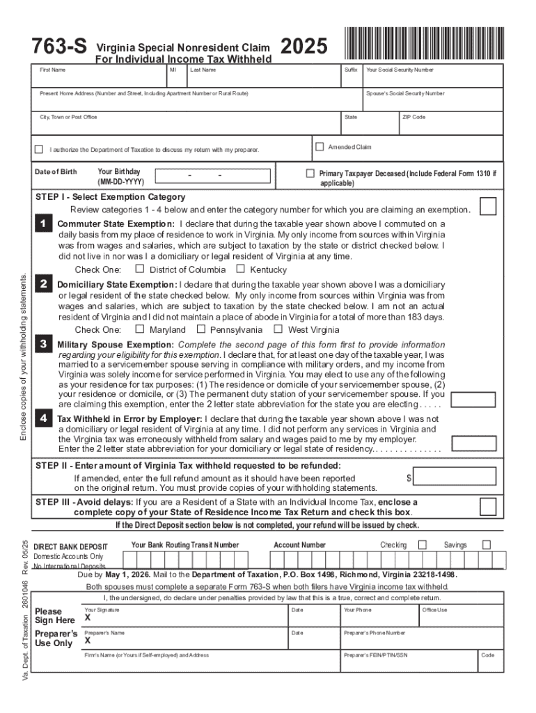 2025 Form 763-S, Virginia Special Nonresident Claim For Individual Income Tax Withheld Preview on Page 1