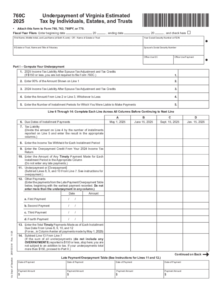 2025 Form 760C - Underpayment of Virginia Estimated Tax by Individuals, Estates, and Trusts Preview on Page 1