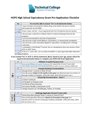 HOPE High School Equivalency Grant Pre-Application Checklist