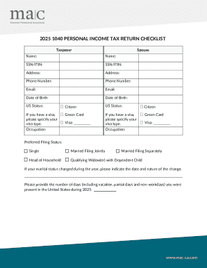 2025 1040 Personal Income Tax Return Checklist