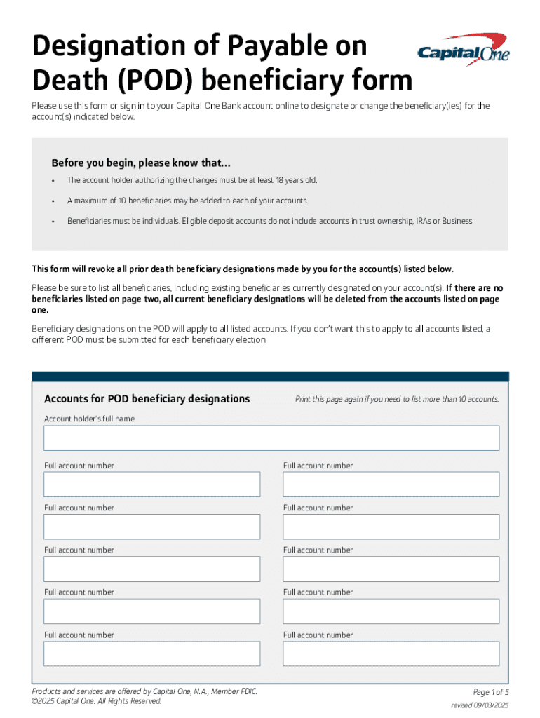 Pod Beneficiary Form.pdf Capital One POD Beneficiary Form - Blank Fillable Template | Fill Out ...