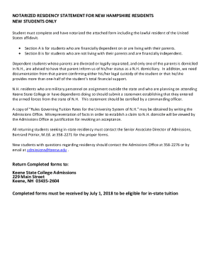 Notarized Residency Statement for New Hampshire Residents