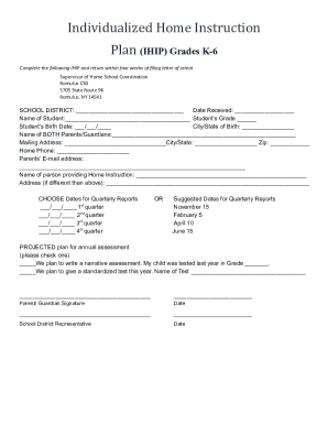 Individualized Home Instruction Plan (IHIP) Grades K-6